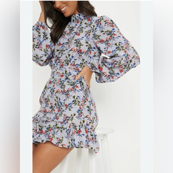 PRETTYLITTLETHING Blue Floral High Neck Frill Hem Mini Dress Size 8 Long Sleeve - Picture 1 of 11